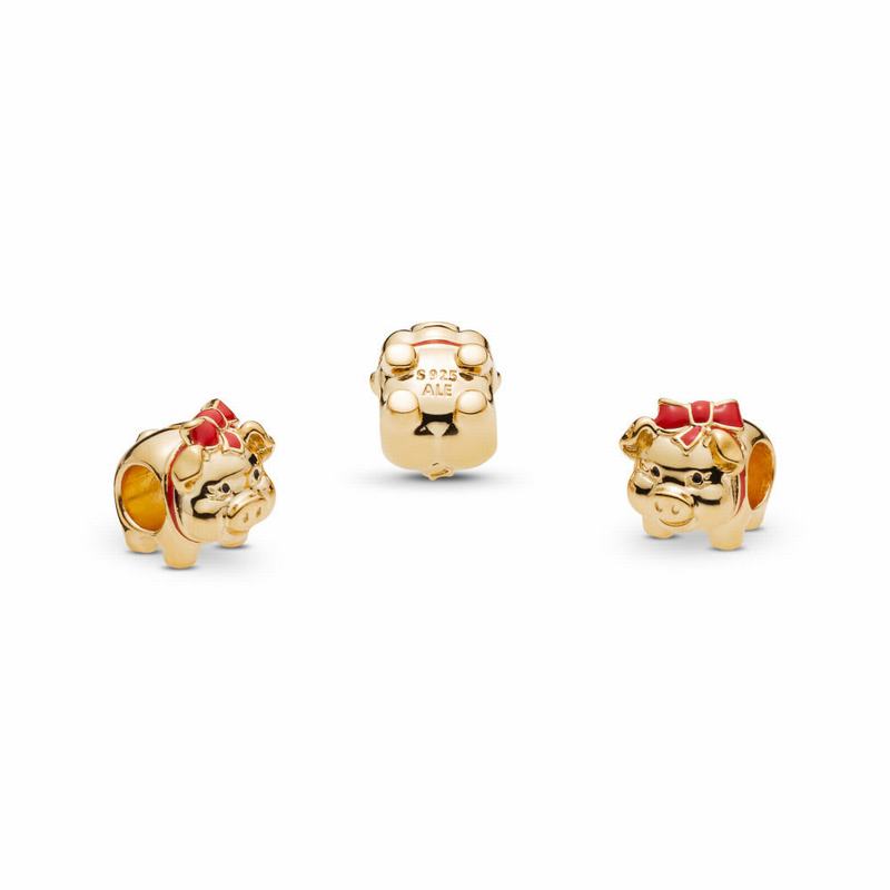 Pandora Shine™ Piggy Bank Charm - 18ct Gold Plated/Enamel/Black - Canada | DY3557QT